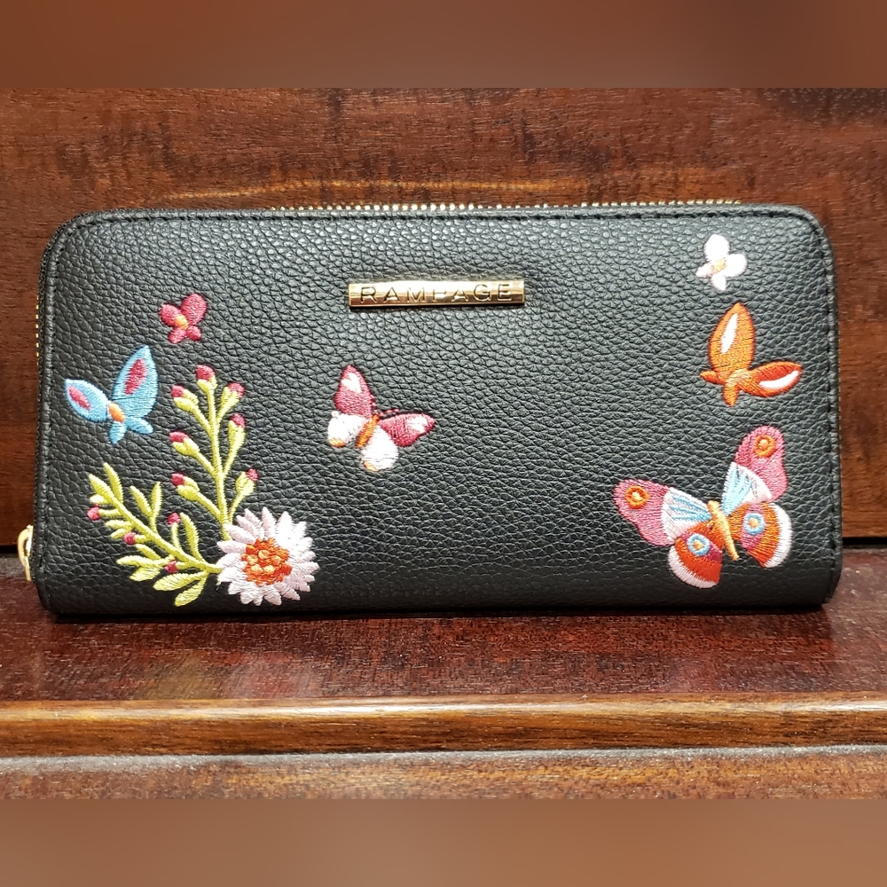 Rampage Black w/ Embroidered Butterflies & Flowers Wallet NWT